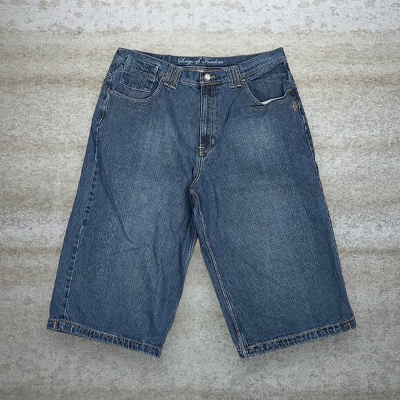 Vintage Skater Wide Leg Jean Shorts Sound of Freedom Grey Wash Baggy Denim Y2K - Picture 2 of 5